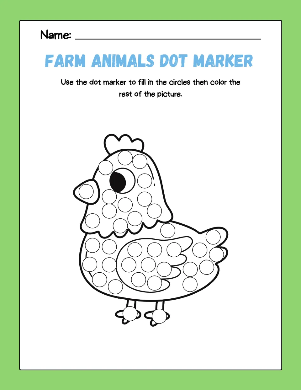 Hen dot art: children fill the circles on a round hen's head, wing and feet with a dot marker, then color her comb