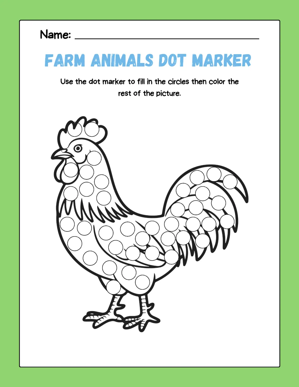 Rooster dot art: students stamp circles on a rooster's comb, neck feathers, body and tall tail, then color the rest