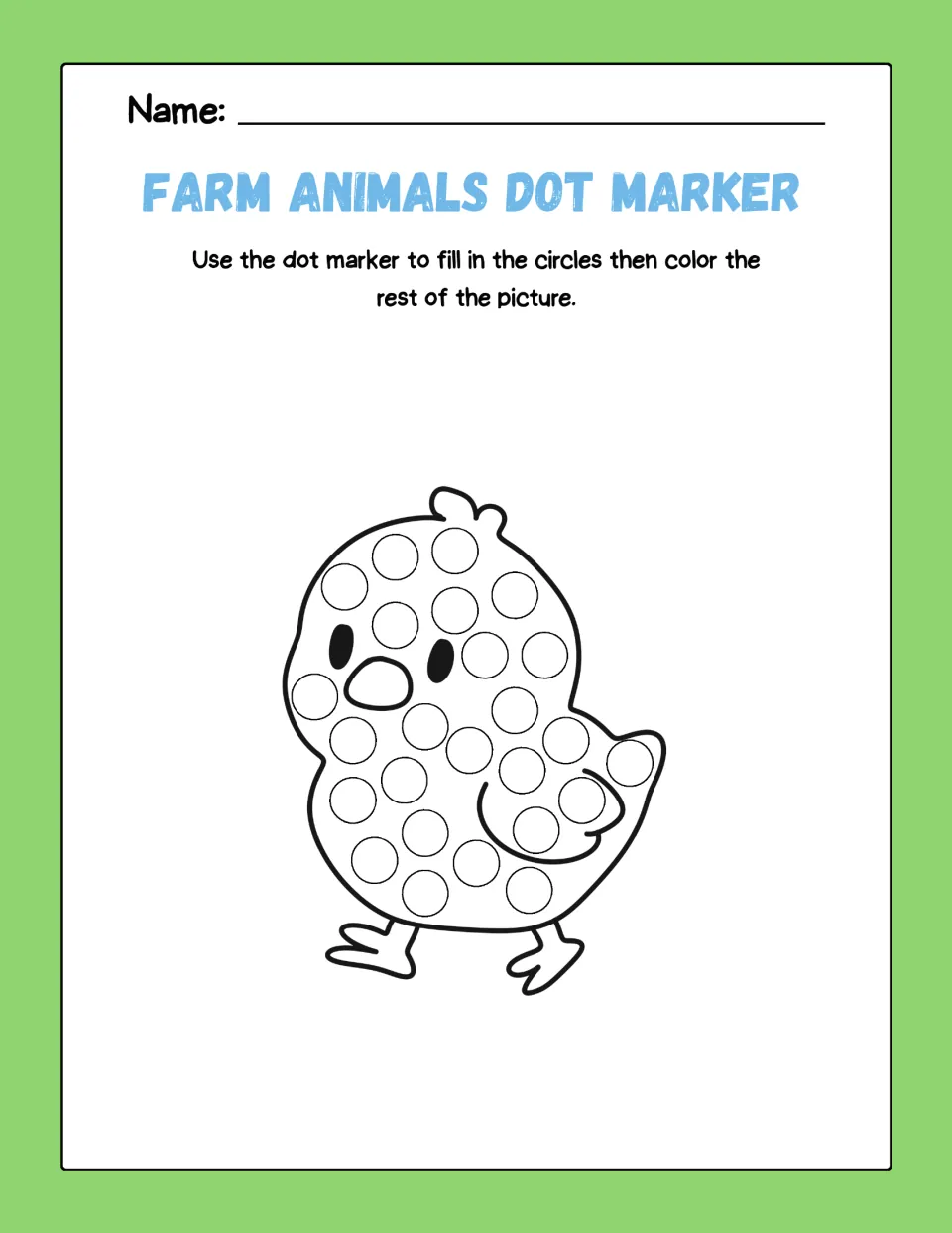 Baby chick dot art: children dab a dot marker on each circle of a small walking chick, then color its beak, wing and feet