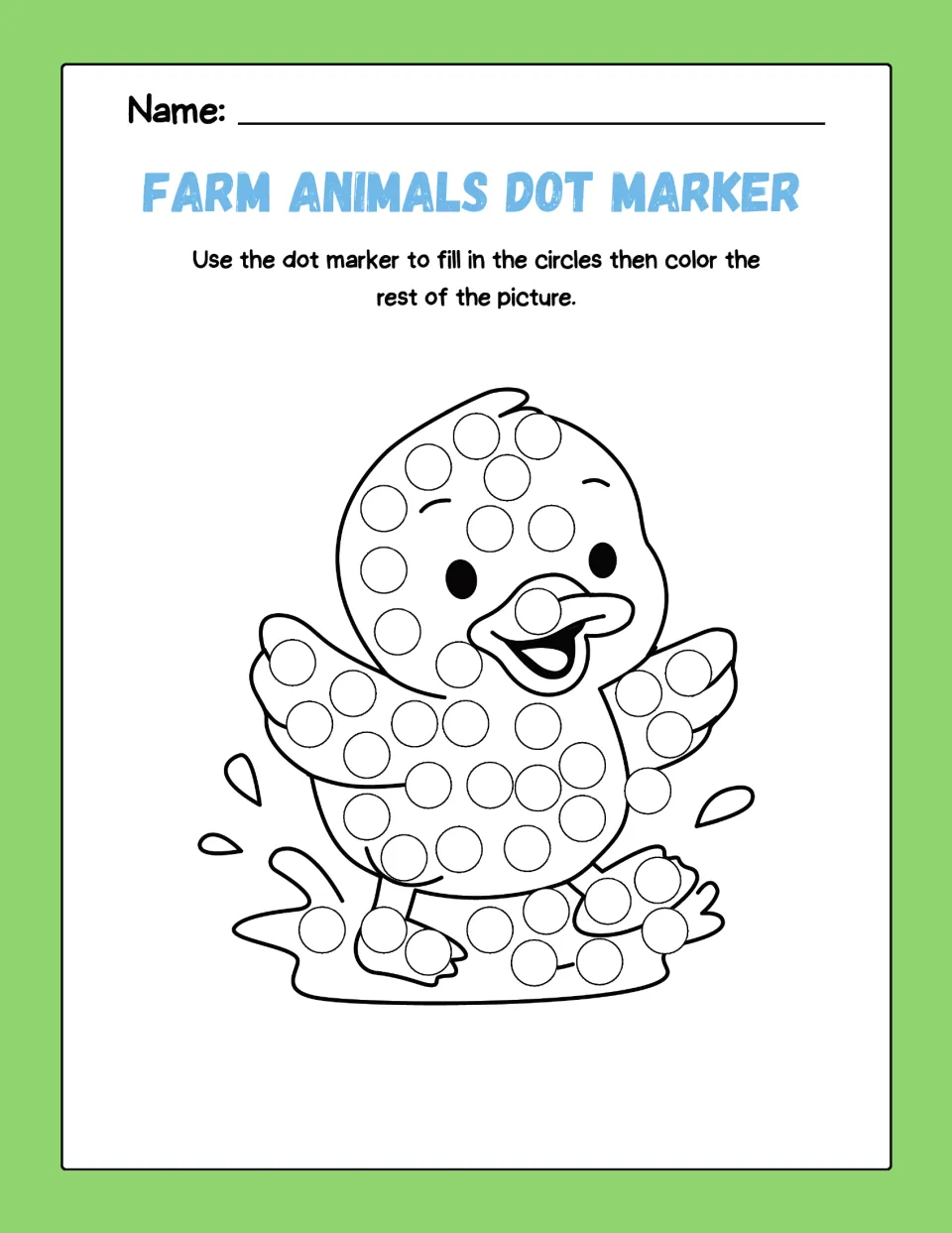 Duck dot art: students fill the circles on a happy duckling splashing in a puddle, then color the splashes