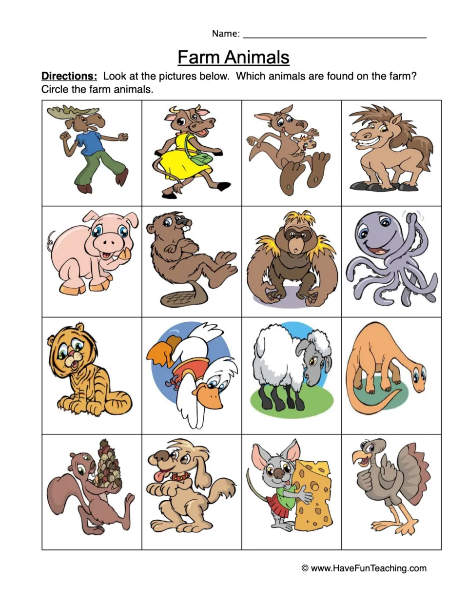 Farm animal identification worksheet: circle farm animals among 16 pictures, including cow, pig, horse and sheep.