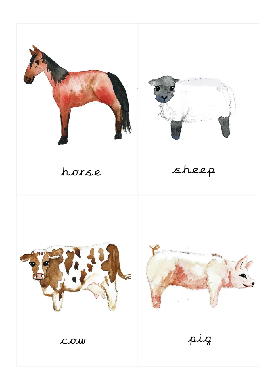 Farm animal flashcards 1–4: horse, sheep, cow, and pig, each illustrated and labeled in pre-cursive text
