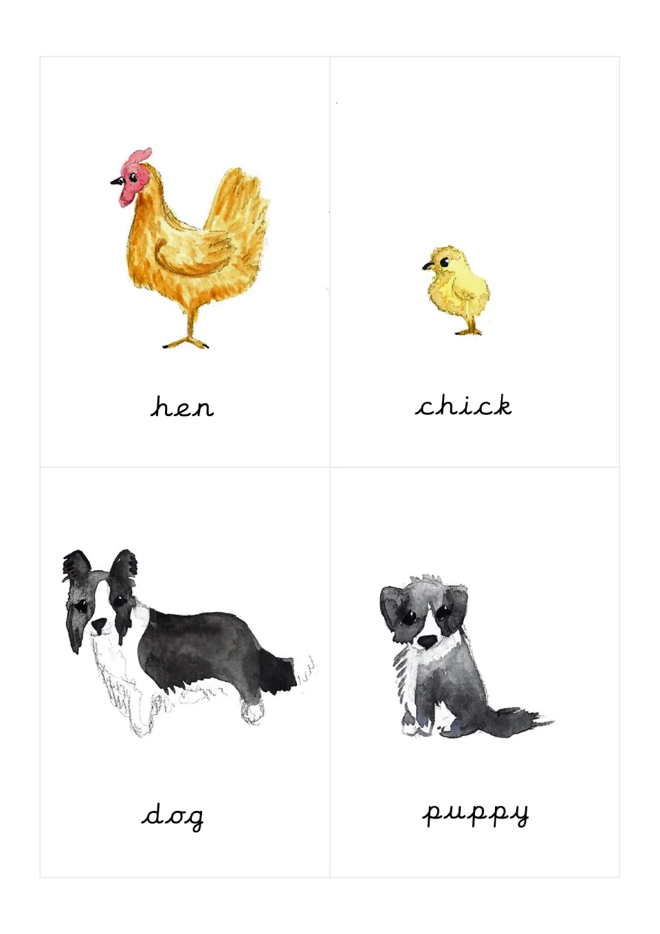 Farm animal flashcards 9–12: hen, chick, dog, and puppy, with illustrations and pre-cursive labels