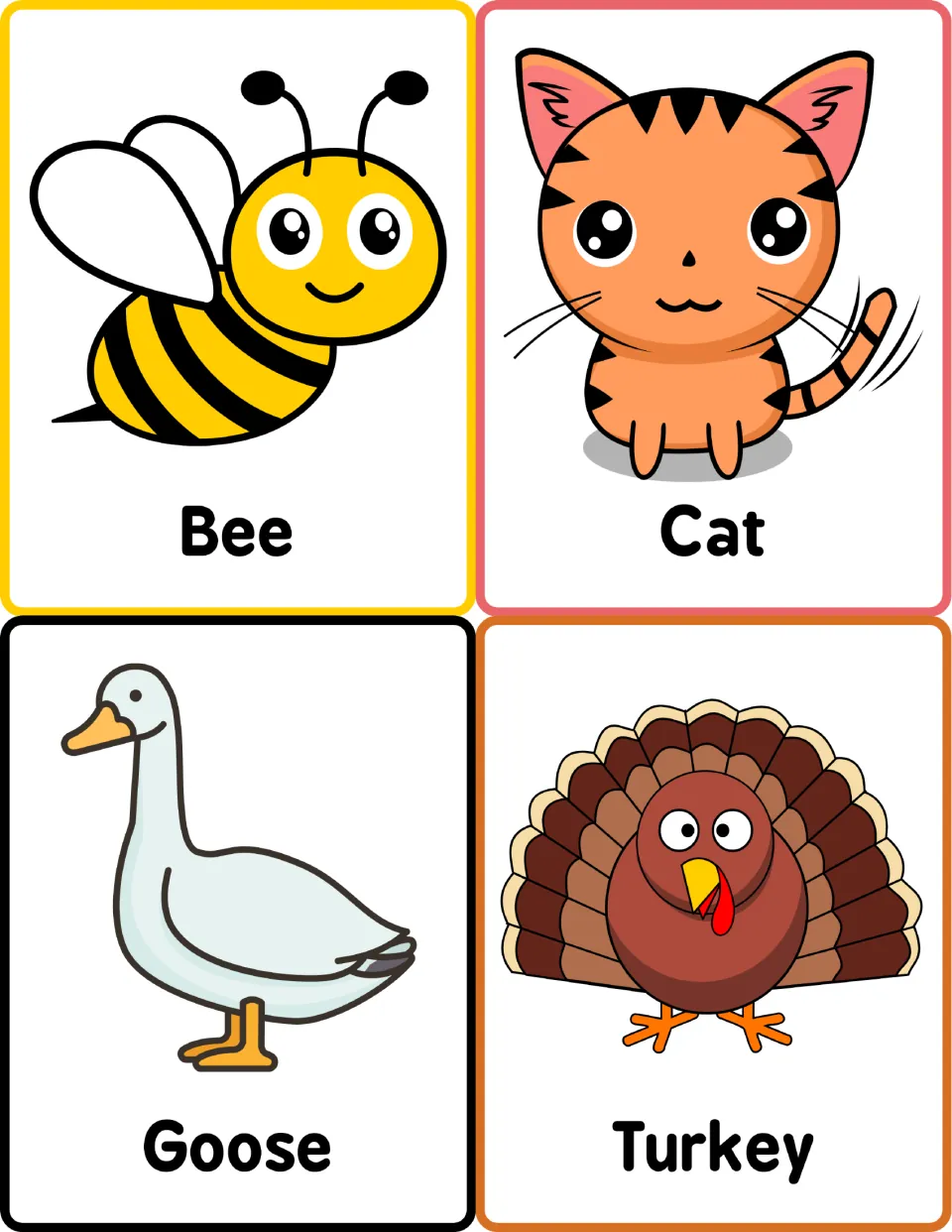 Farm animal vocabulary flashcards: four picture cards labeled Bee, Cat, Goose and Turkey for naming animals in English