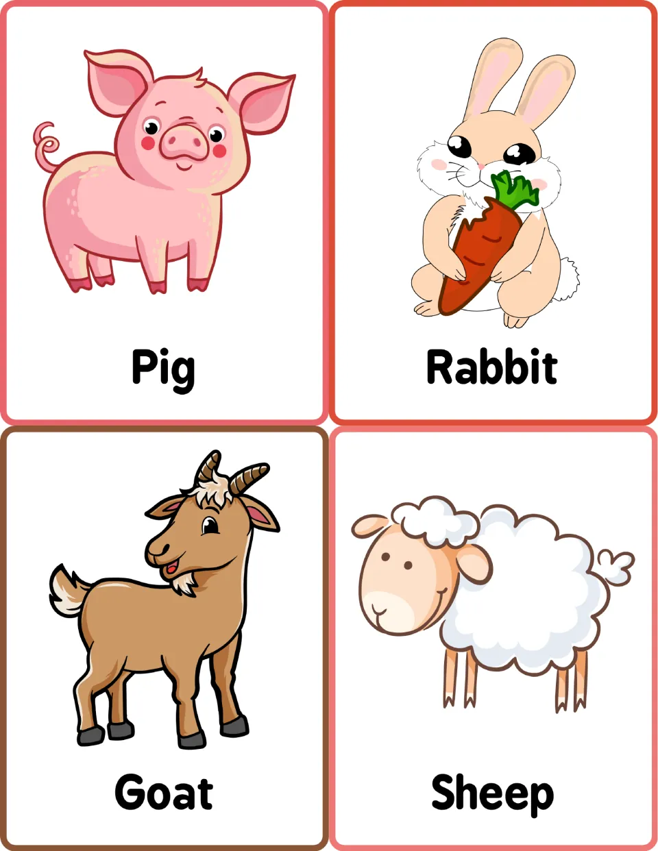 Farm animal word cards showing a pig, a rabbit holding a carrot, a goat and a sheep, each with its English name below
