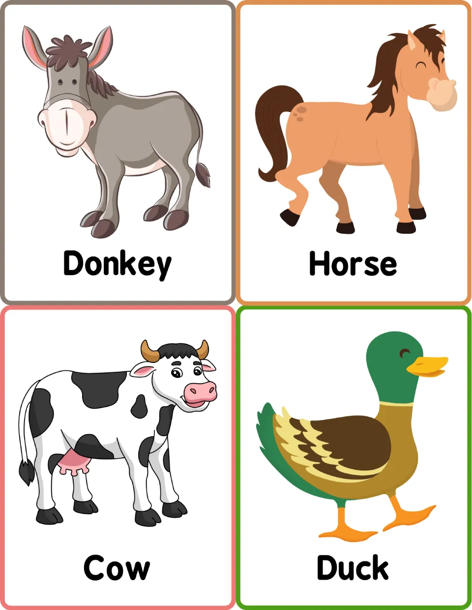 Barnyard animal picture cards for Donkey, Horse, Cow and Duck, so students can see each animal and read or say its name