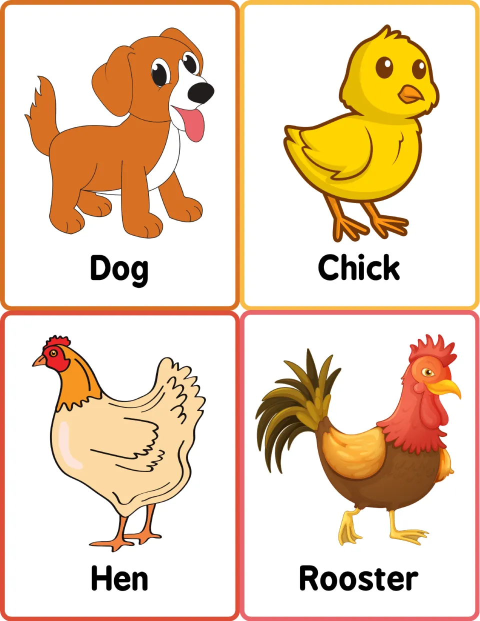 Farm vocabulary cards with Dog, Chick, Hen and Rooster, letting students name and compare the chicken family words