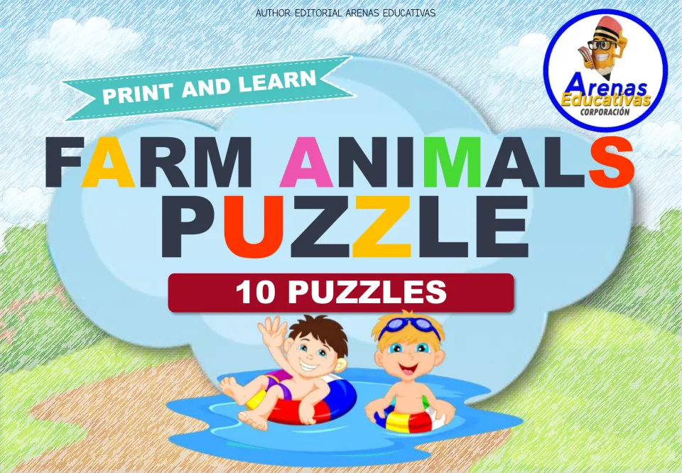 Cover of the Farm Animals Puzzle resource, featuring the headings 'Print and Learn' and '10 Puzzles'