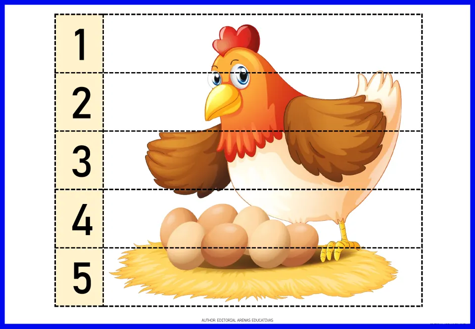 Farm animal number puzzle featuring a hen beside eggs in a nest, divided into five pieces numbered 1–5