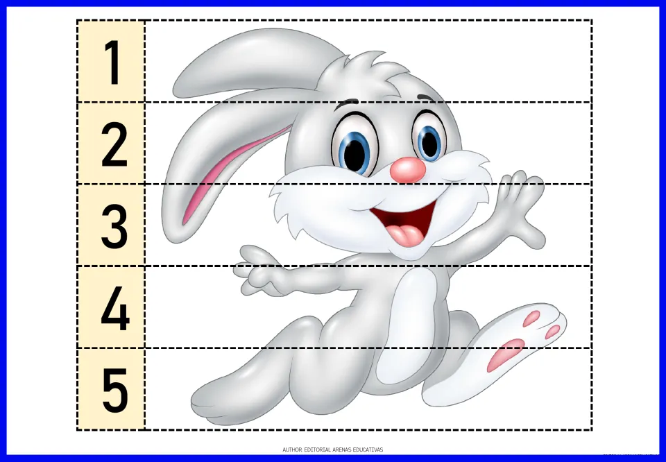 Farm animal number puzzle featuring a gray rabbit with long ears, divided into five pieces numbered 1–5