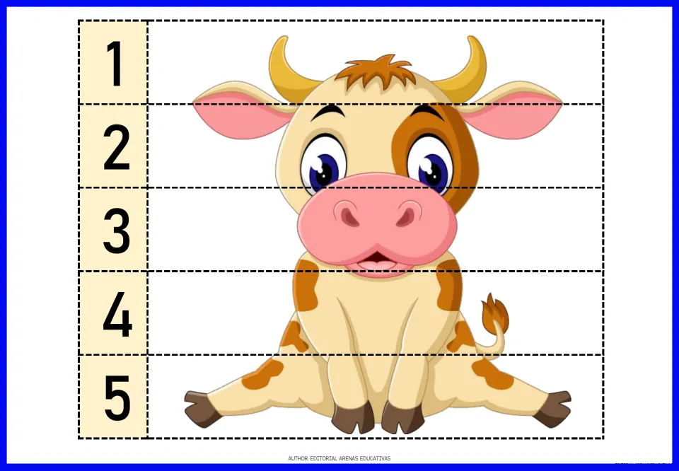 Farm animal number puzzle featuring a seated brown and cream calf, divided into five pieces numbered 1–5