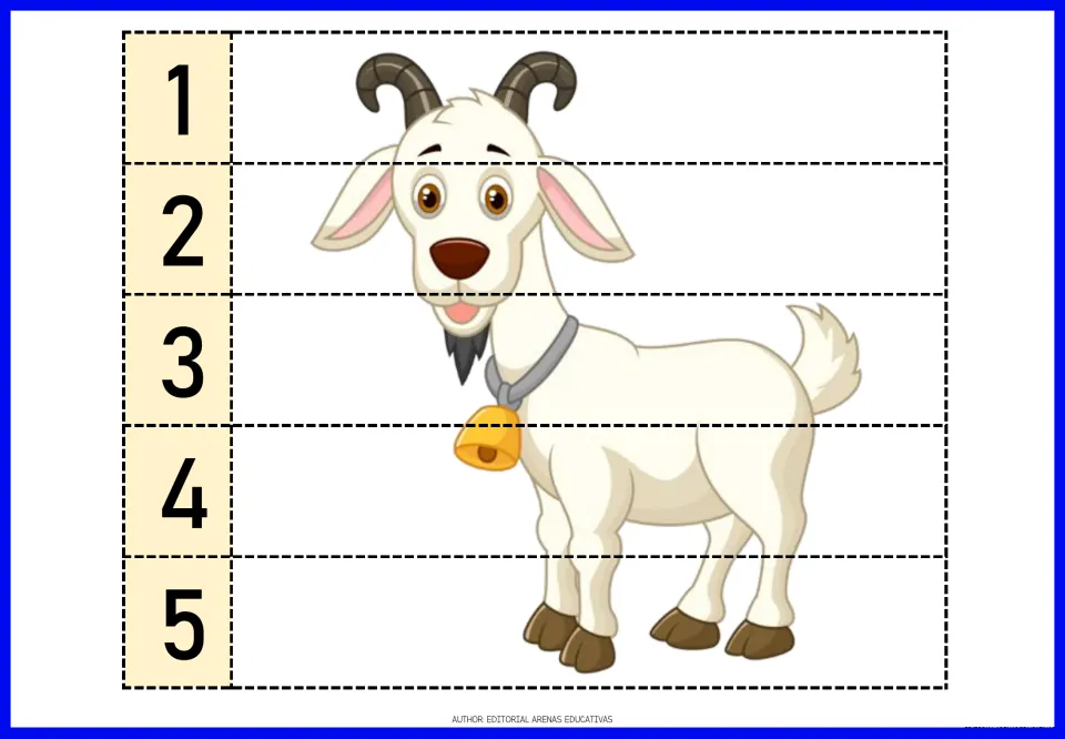 Farm animal number puzzle featuring a goat wearing a bell collar, divided into five pieces numbered 1–5