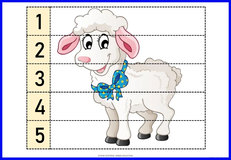 Farm animal number puzzle featuring a sheep wearing a spotted bow, divided into five pieces numbered 1–5