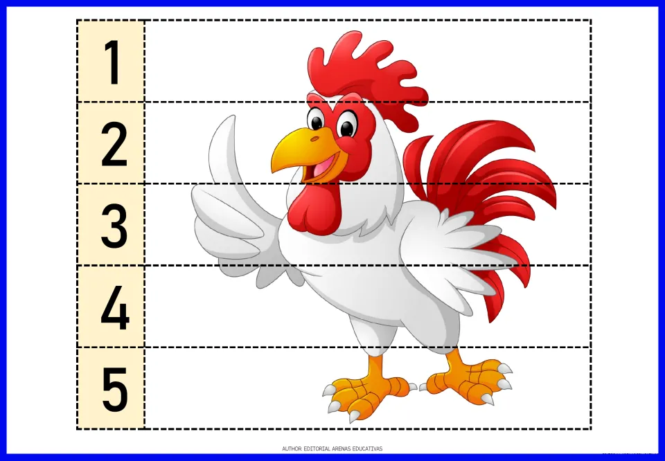Farm animal number puzzle featuring a rooster with red tail feathers, divided into five pieces numbered 1–5