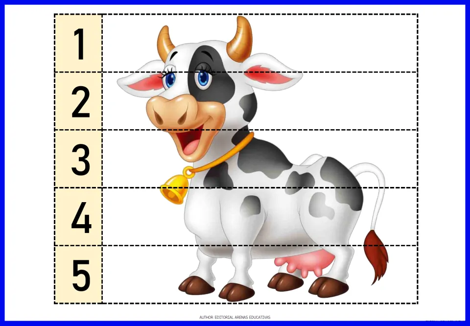 Farm animal number puzzle featuring a black and white cow with a bell, divided into five pieces numbered 1–5