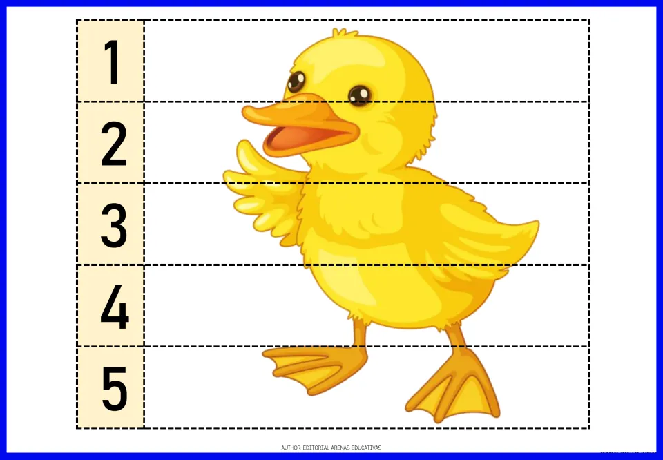 Farm animal number puzzle featuring a yellow duck with webbed feet, divided into five pieces numbered 1–5
