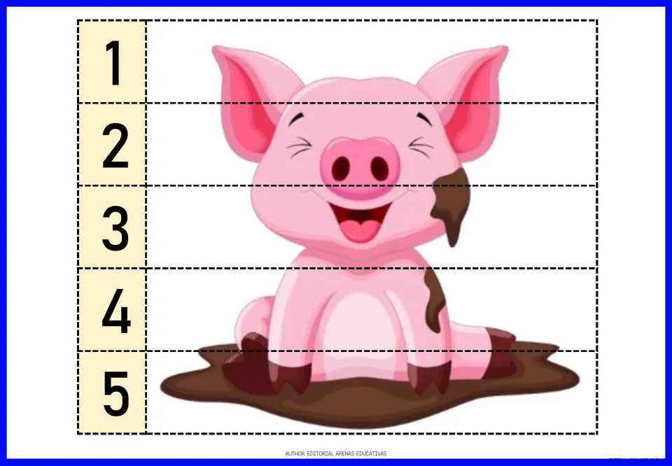 Farm animal number puzzle featuring a pink pig sitting in a mud puddle, divided into five pieces numbered 1–5