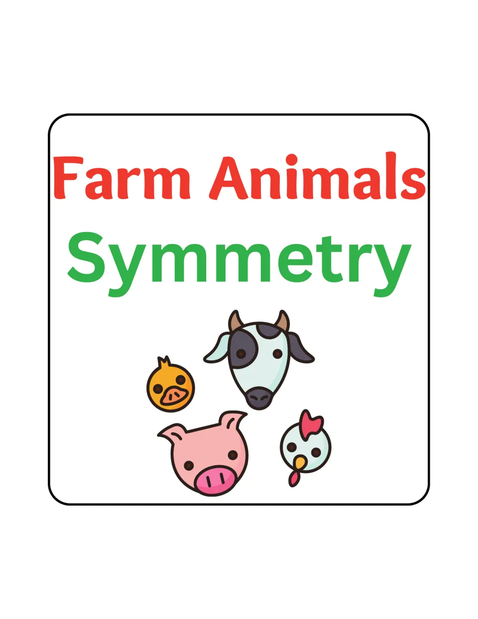 Cover of Farm Animals Symmetry, a printable worksheet pack for completing and coloring half-drawn animals