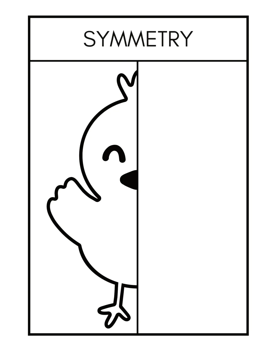 Symmetry worksheet 1: complete and color a half-drawn chick with a closed eye, raised wing, and three-toed foot
