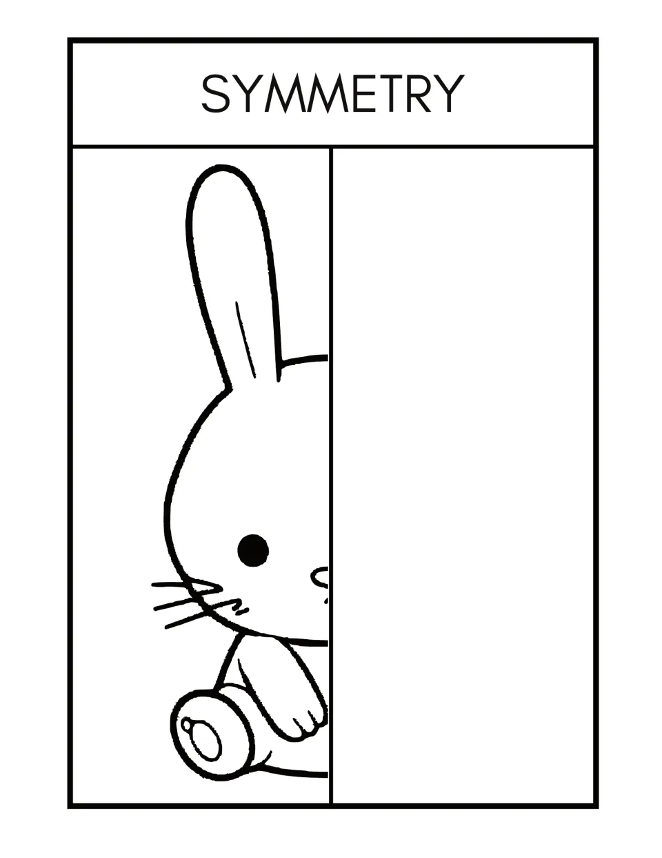 Symmetry worksheet 2: complete and color a half-drawn seated rabbit with a long ear, whiskers, and paw pad