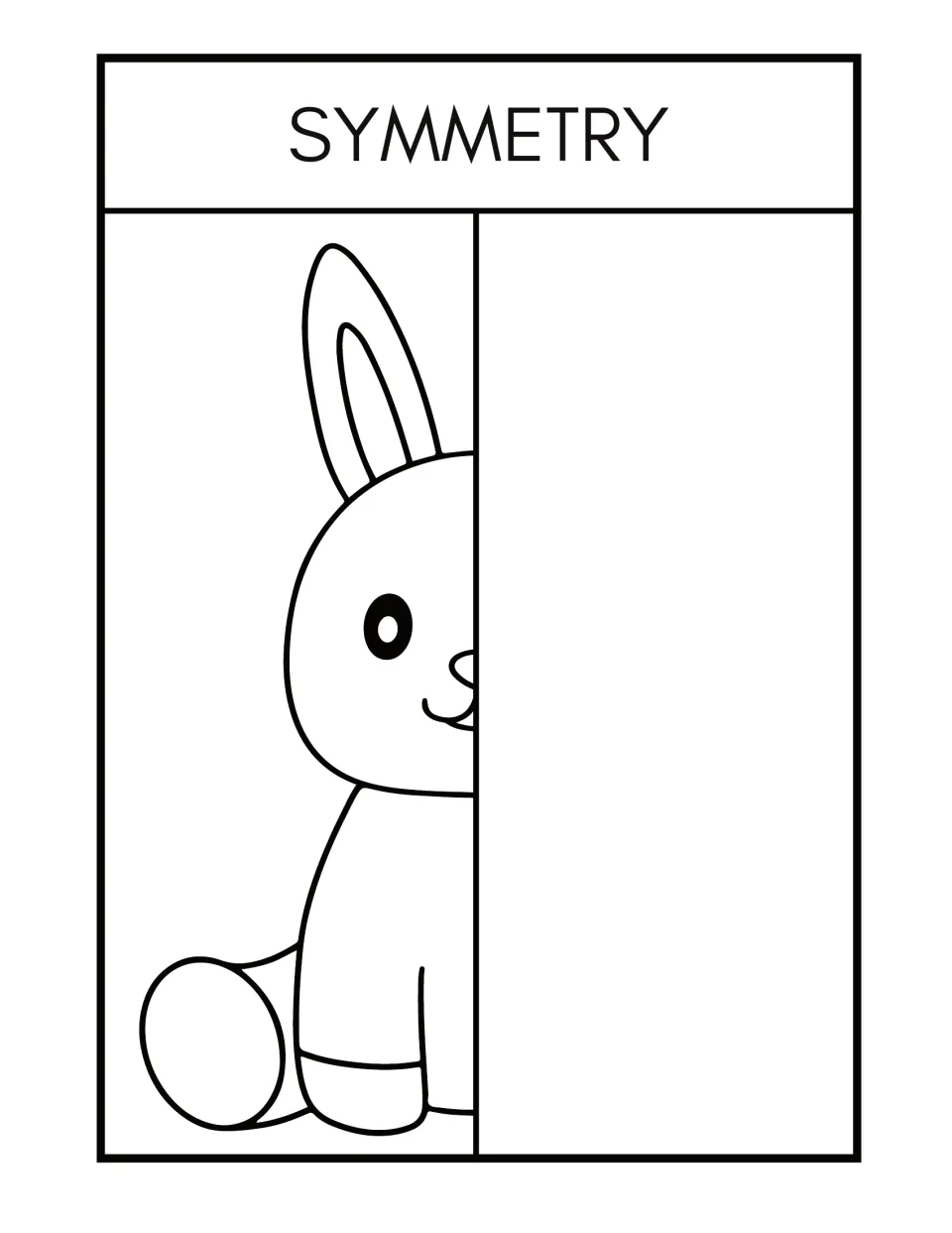 Symmetry worksheet 3: complete and color a half-drawn seated rabbit with an upright ear and a large oval foot