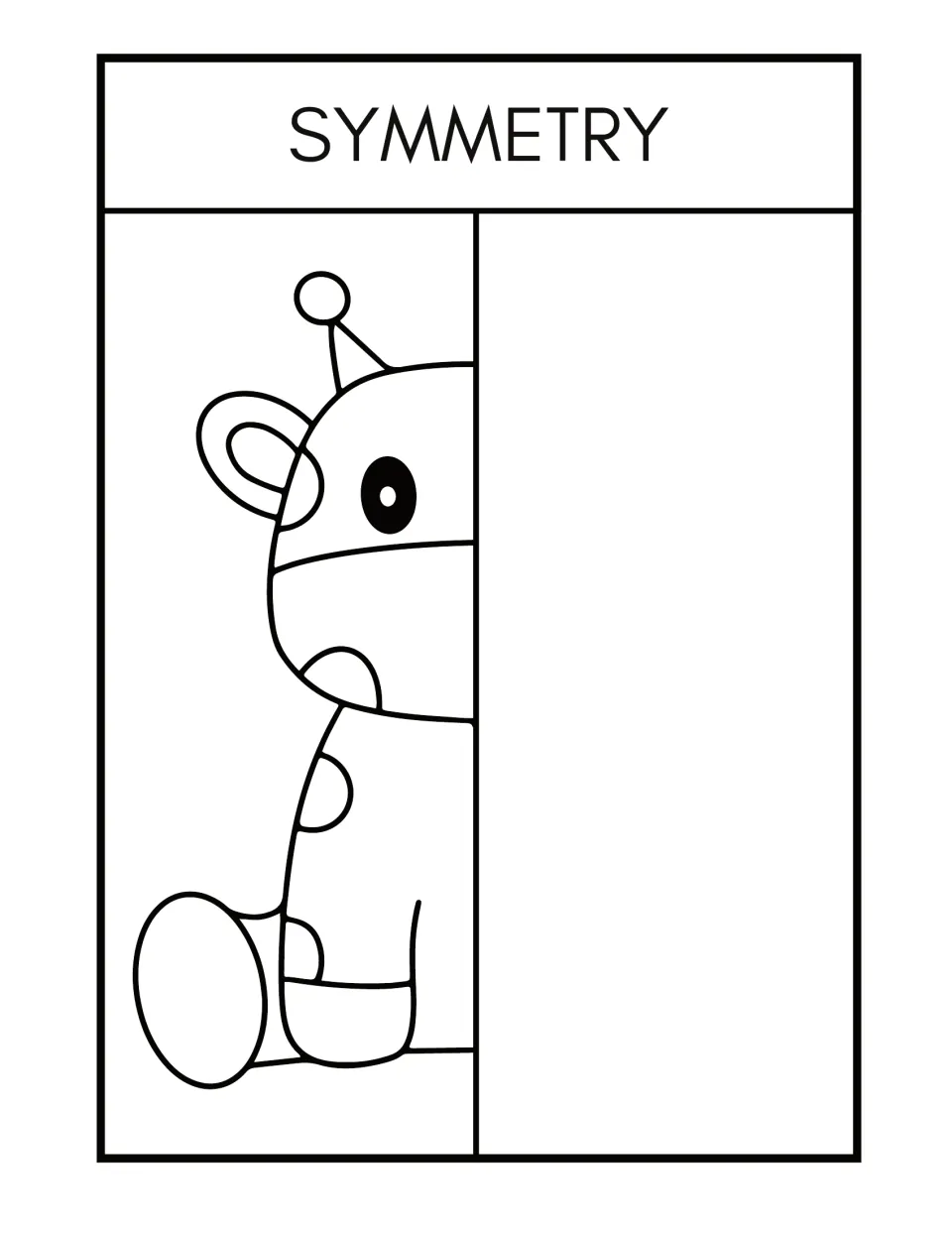 Symmetry worksheet 4: complete and color a half-drawn seated giraffe with spots, a rounded horn, and an oval foot
