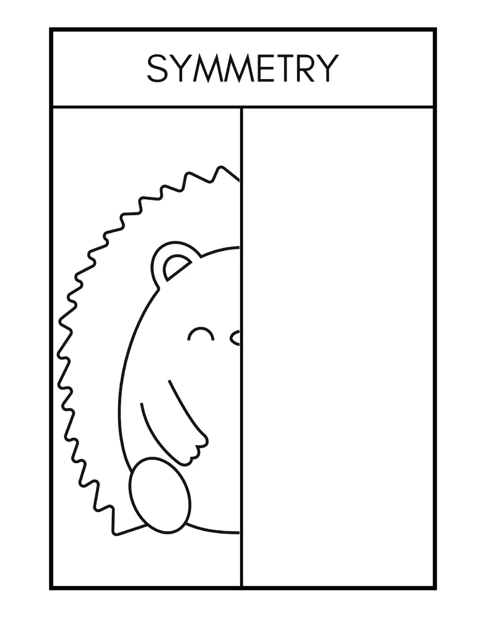 Symmetry worksheet 5: complete and color a half-drawn hedgehog with a spiky outline, closed eye, and oval foot