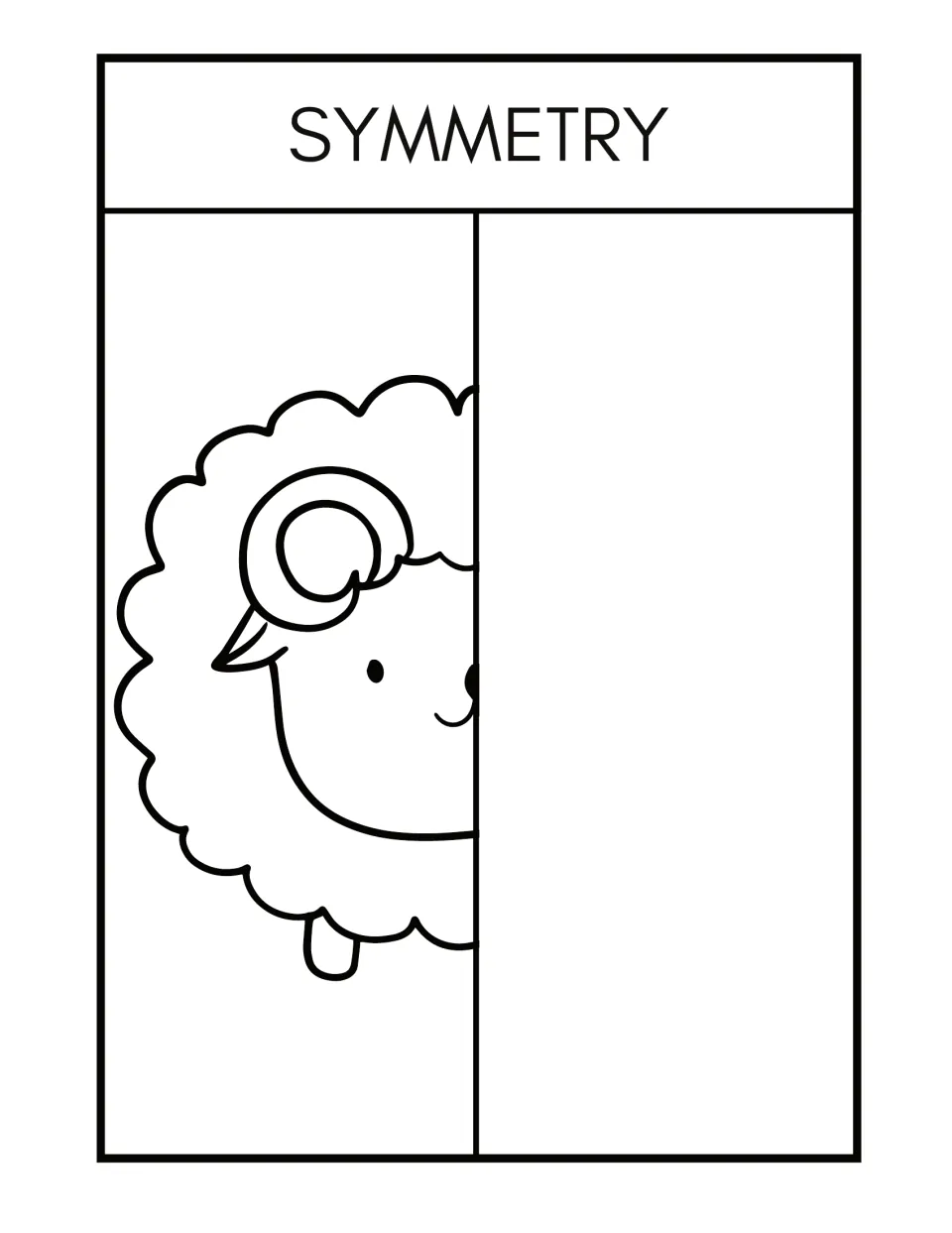 Symmetry worksheet 6: complete and color a half-drawn woolly sheep with a curled horn and a smiling face