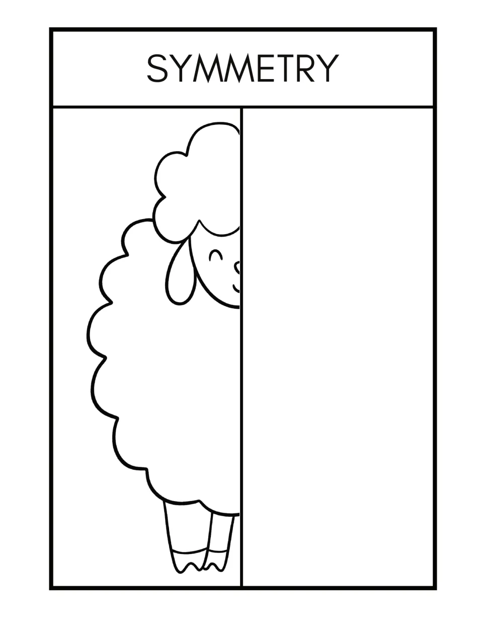 Symmetry worksheet 7: complete and color a half-drawn standing sheep with a closed eye, floppy ear, and hooves