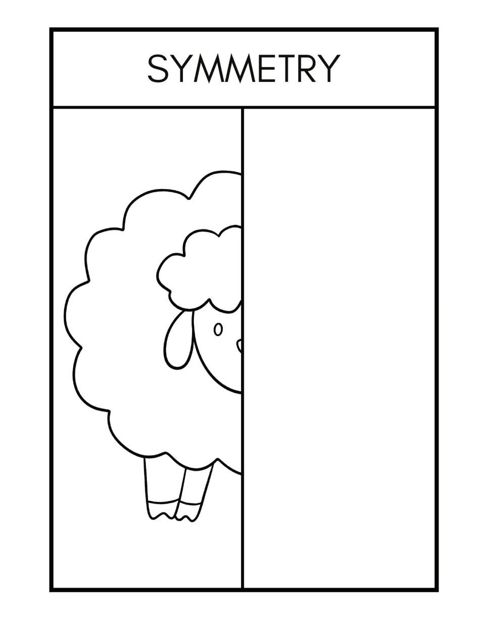 Symmetry worksheet 8: complete and color a half-drawn sheep with an open oval eye, drooping ear, and woolly body