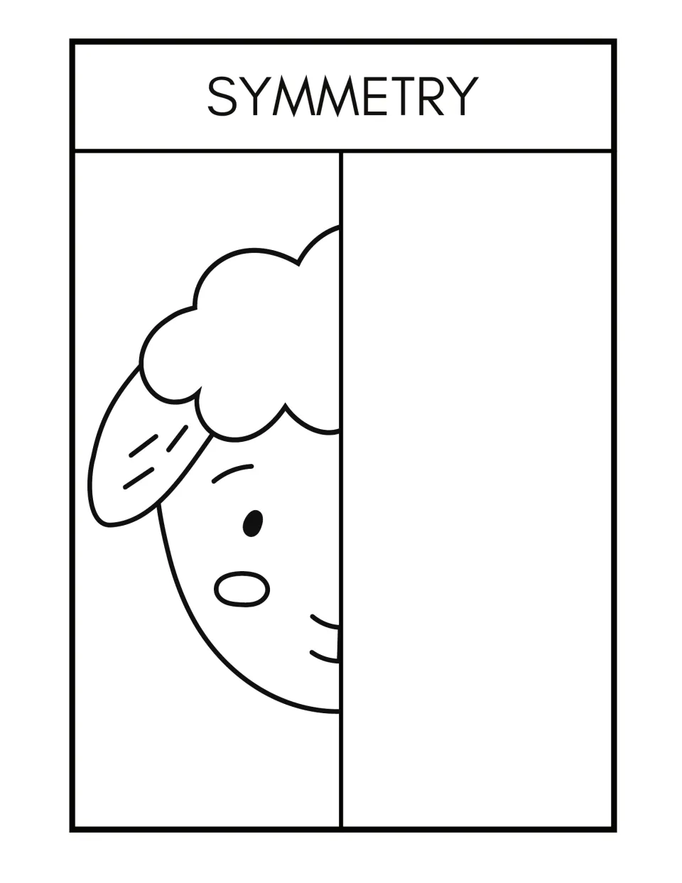 Symmetry worksheet 9: complete and color a half-drawn sheep face with a woolly top, long ear, and oval cheek