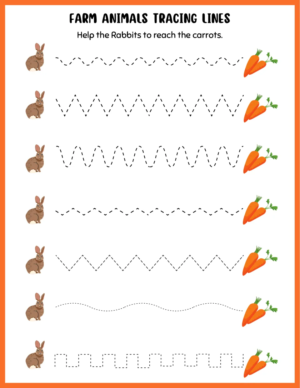 Rabbits to carrots: students trace 7 dotted paths, wavy, zigzag, curved and square, to practise pre-writing strokes