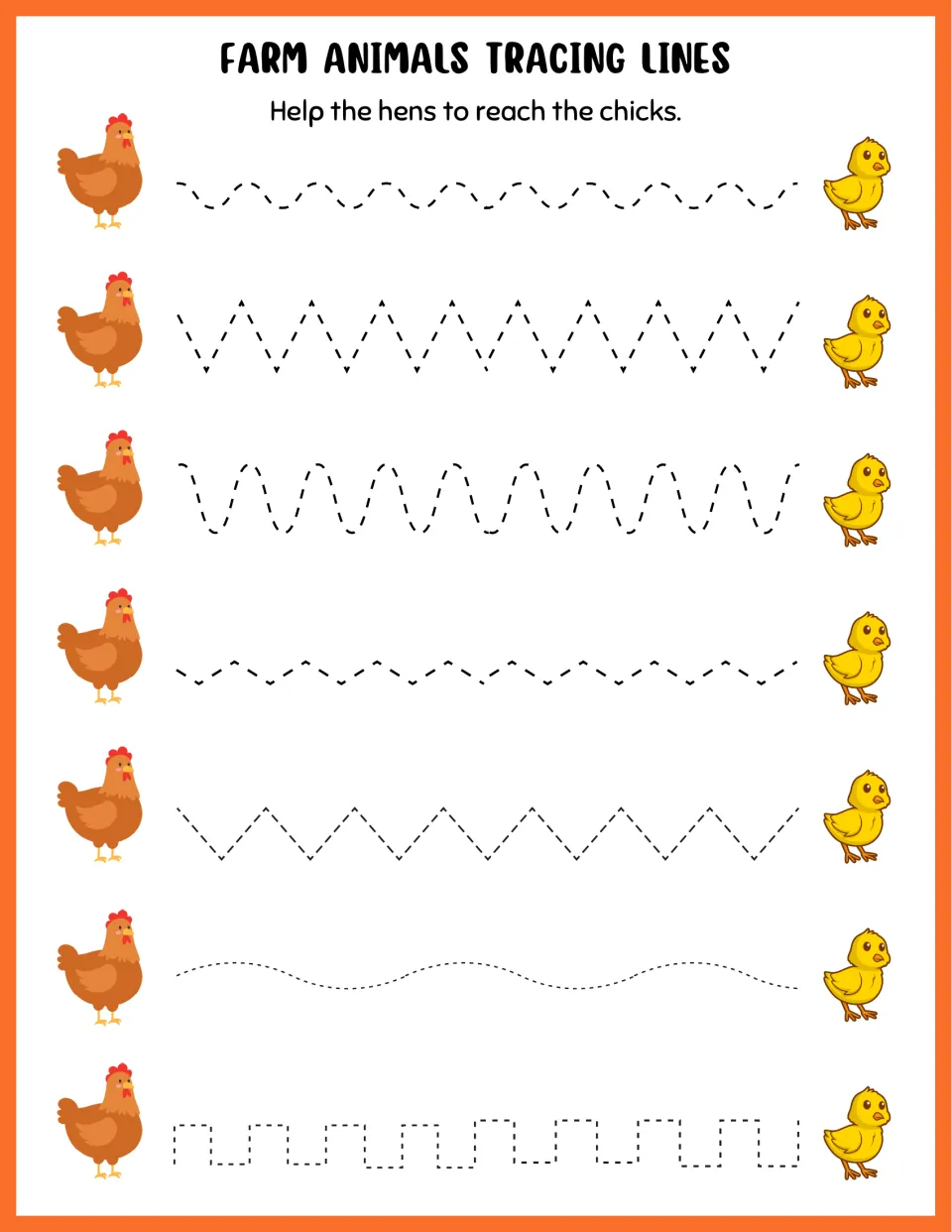 Hens to chicks: students trace 7 dotted wave, zigzag, gentle curve and square paths from each hen to her chick