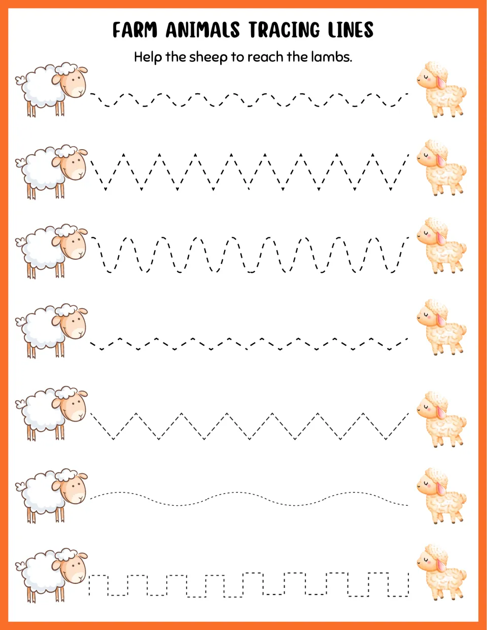 Sheep to lambs: students follow 7 dotted lines, from tight zigzags to a long curve, practising pencil control