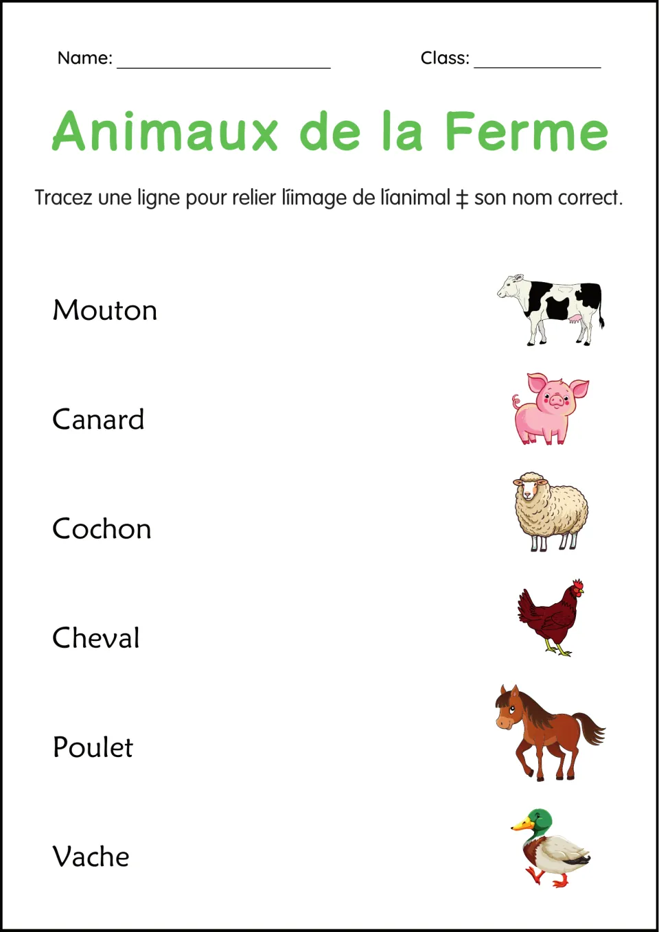Animaux de la Ferme vocabulary: students draw lines matching French names like mouton and vache to 6 farm animal pictures