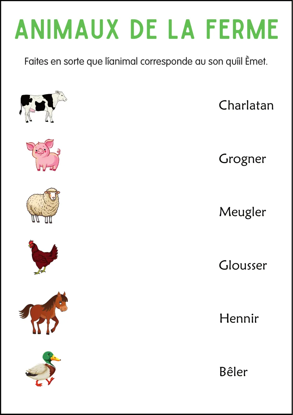 French animal sounds: students match cow, pig, sheep, hen, horse and duck pictures to verbs like meugler, hennir and bêler