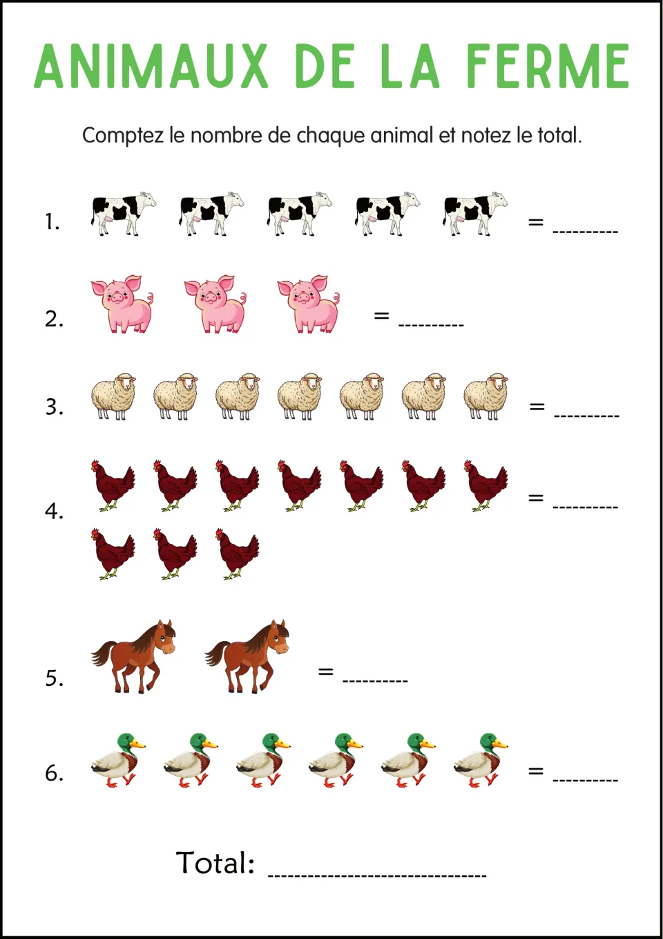 Counting farm animals: students count 6 sets of cows, pigs, sheep, hens, horses and ducks, write each number, then a total