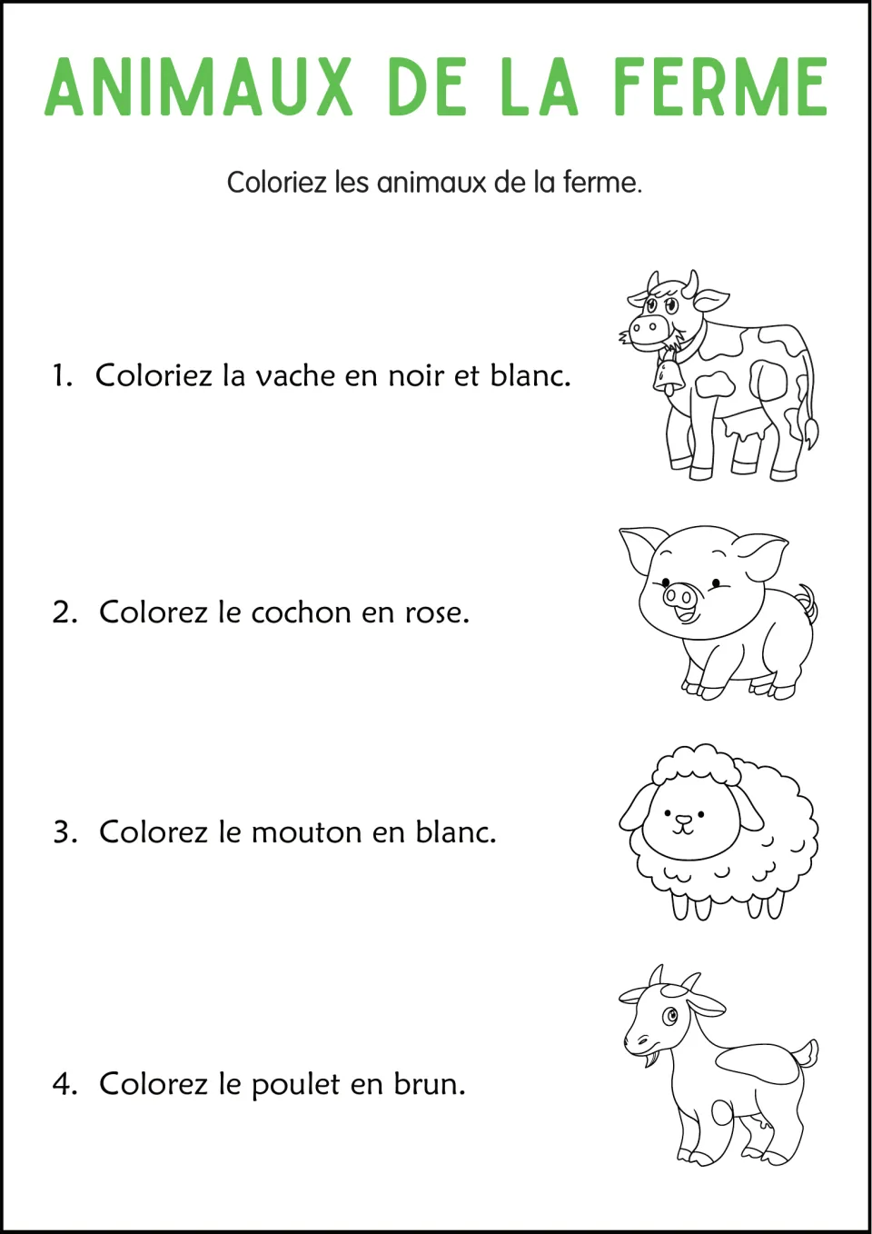Coloring in French: students follow 4 color directions, e.g. color the cow black and white and the pig pink