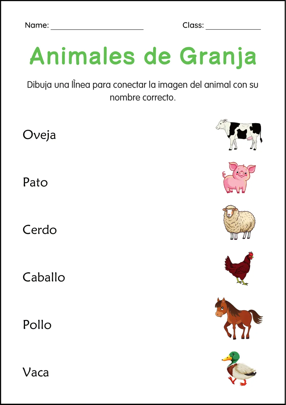 Spanish animal name matching: oveja (sheep), pato (duck), cerdo (pig), caballo (horse), pollo and vaca