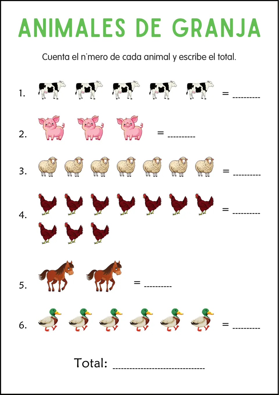 Spanish farm animal counting practice: 5 cows, 3 pigs, 7 sheep, 10 chickens, 2 horses and 6 ducks to total