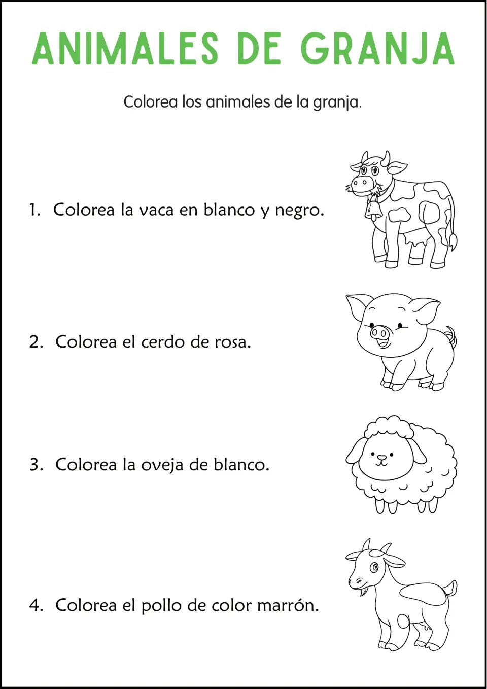Spanish farm animal coloring: cow, pig, sheep and goat pictures; the goat's instruction says pollo (chicken)