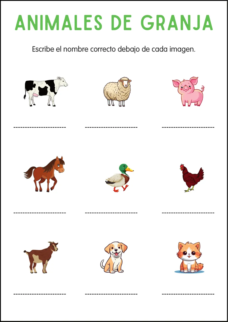 Spanish animal naming practice for nine pictures: cow, sheep, pig, horse, duck, chicken, goat, dog and cat