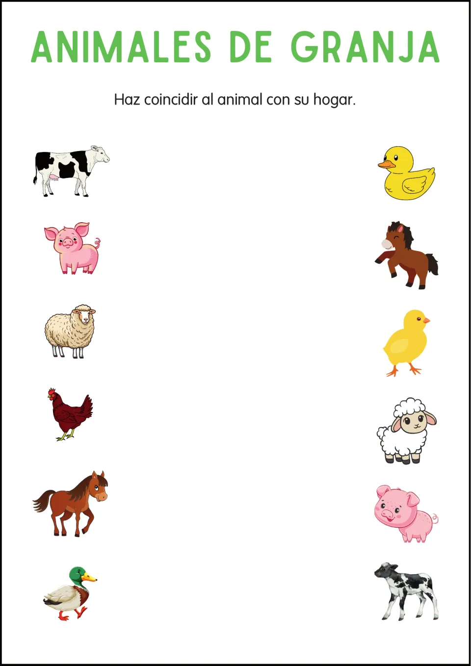Spanish farm animal matching sheet showing six adults and their babies, including a cow and a calf