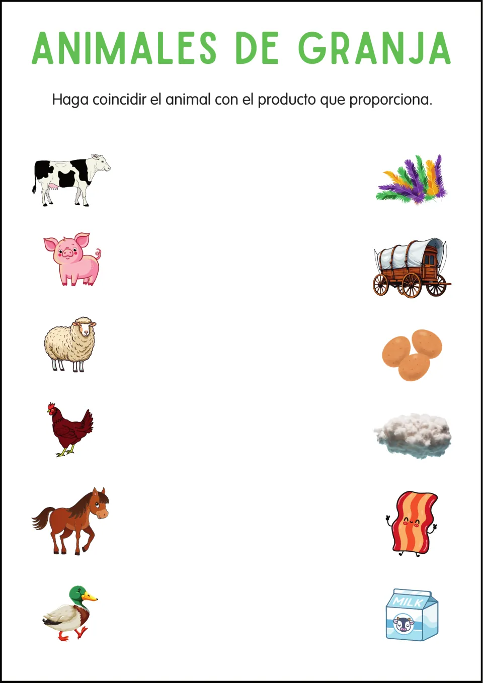 Spanish farm animal product matching: six animals paired with feathers, a wagon, eggs, wool, bacon and milk