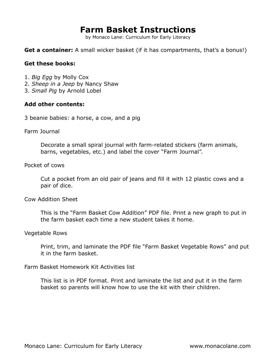 Farm Basket Instructions: teacher setup list naming 3 farm books, beanie babies, a Farm Journal, a pocket of cows and dice