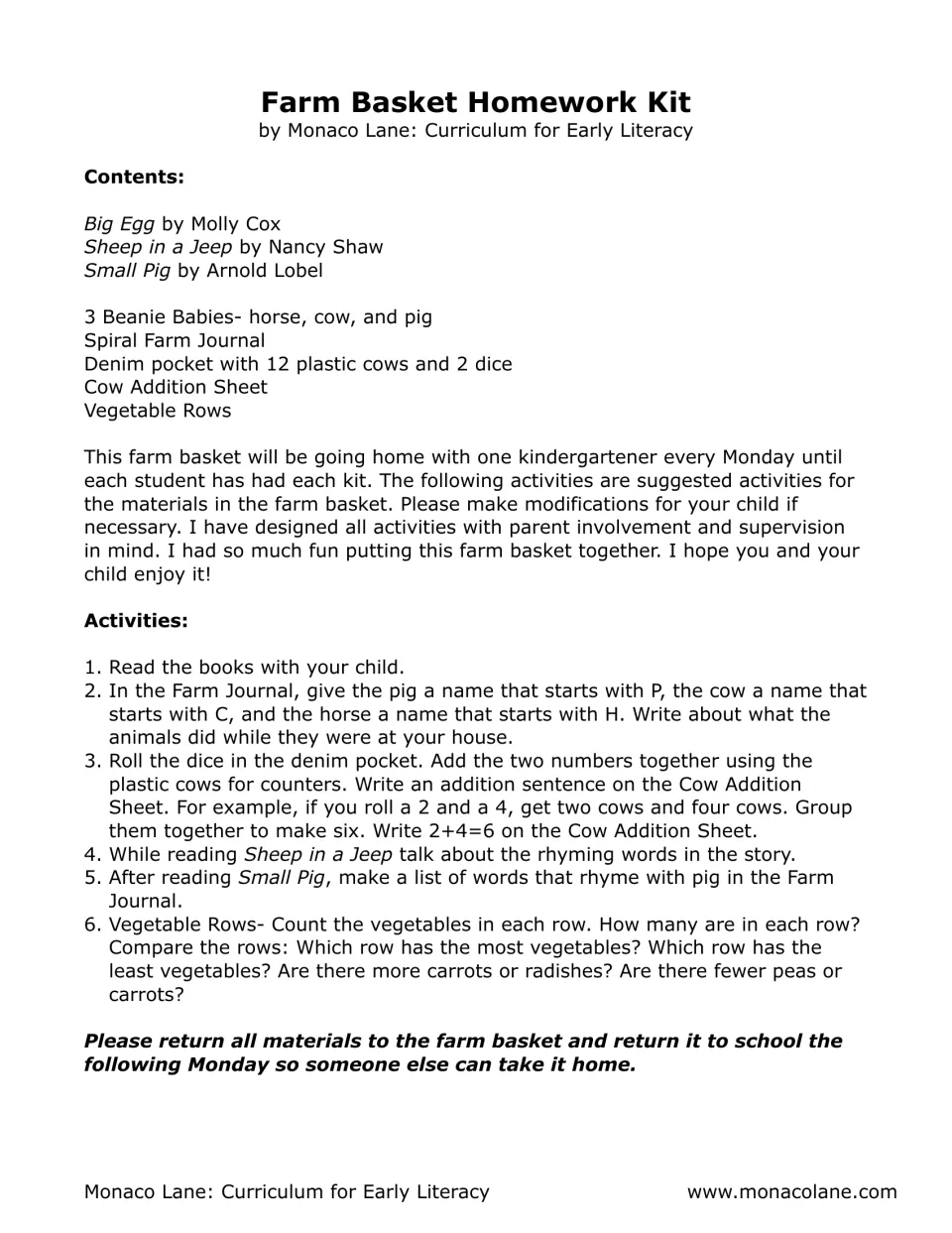 Farm Basket Homework Kit parent letter: contents list and 6 activities, including dice addition with cows and rhyming words