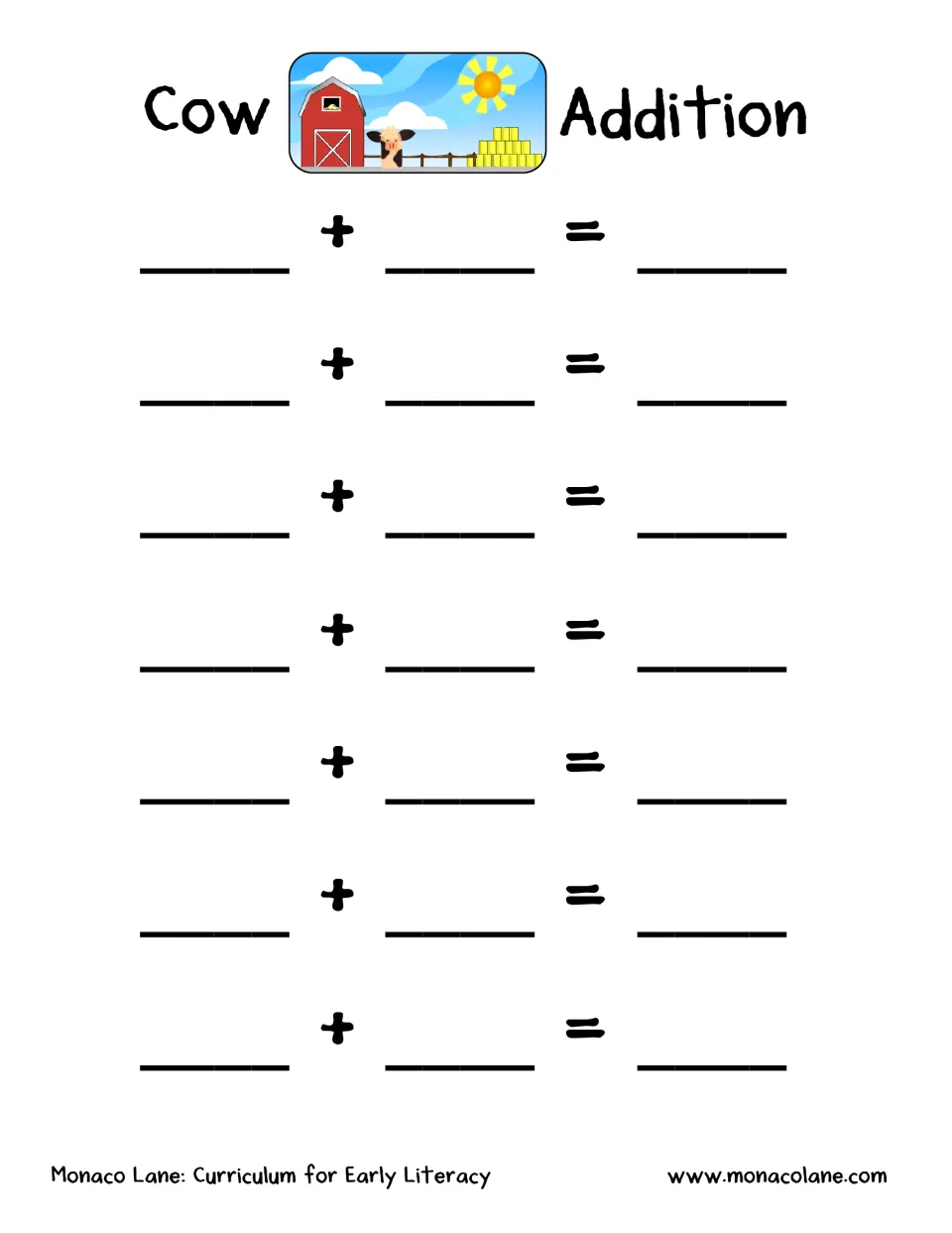 Cow Addition: children roll two dice, count plastic cows as counters and write the sum in 7 blank addition sentences