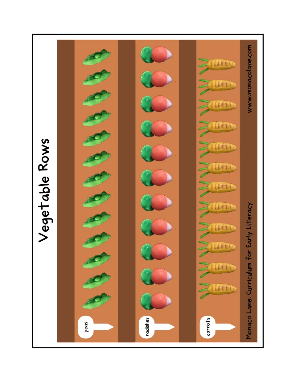 Vegetable Rows: garden rows of peas, radishes and carrots that children count and compare for most, least, more and fewer