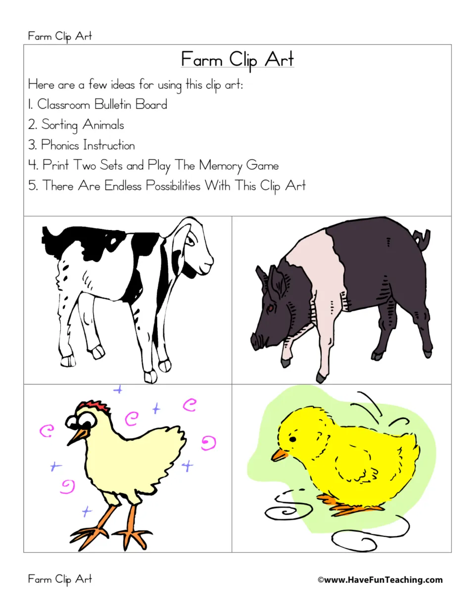 Farm Clip Art usage ideas, such as sorting animals and a memory game, above pictures of a goat, pig, hen and yellow chick