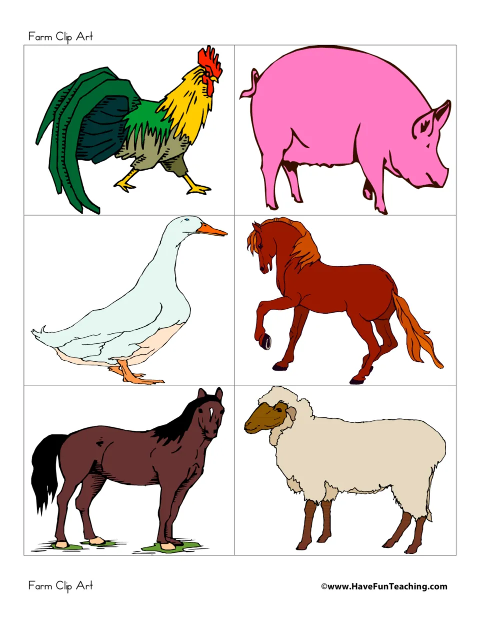 Farm animal picture cards: a rooster, pink pig, white duck, two horses and a sheep to cut apart for sorting or games